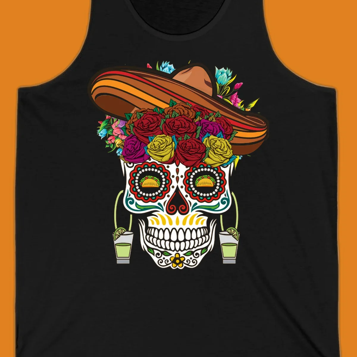A colorful fiesta calavera sombrero sugar skull design with roses, tacos for eyes, and margarita glasses.