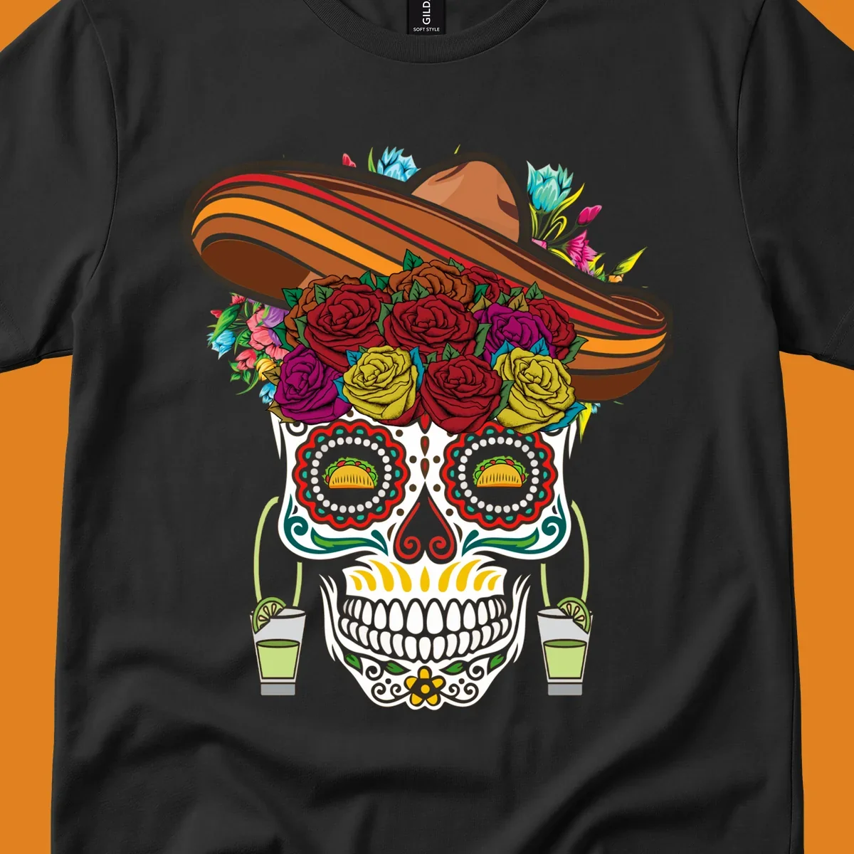 A colorful fiesta calavera sombrero sugar skull design with roses, tacos for eyes, and margarita glasses.