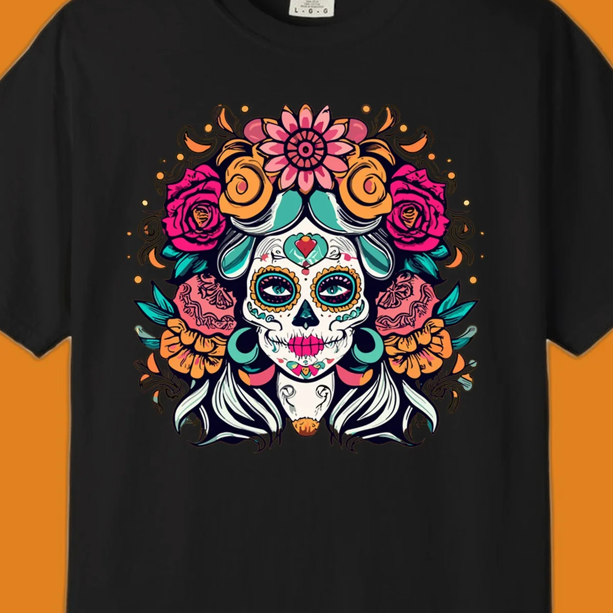 A vibrantly colored floral calavera sugar skull illustration with a crown of pink roses and orange marigolds.