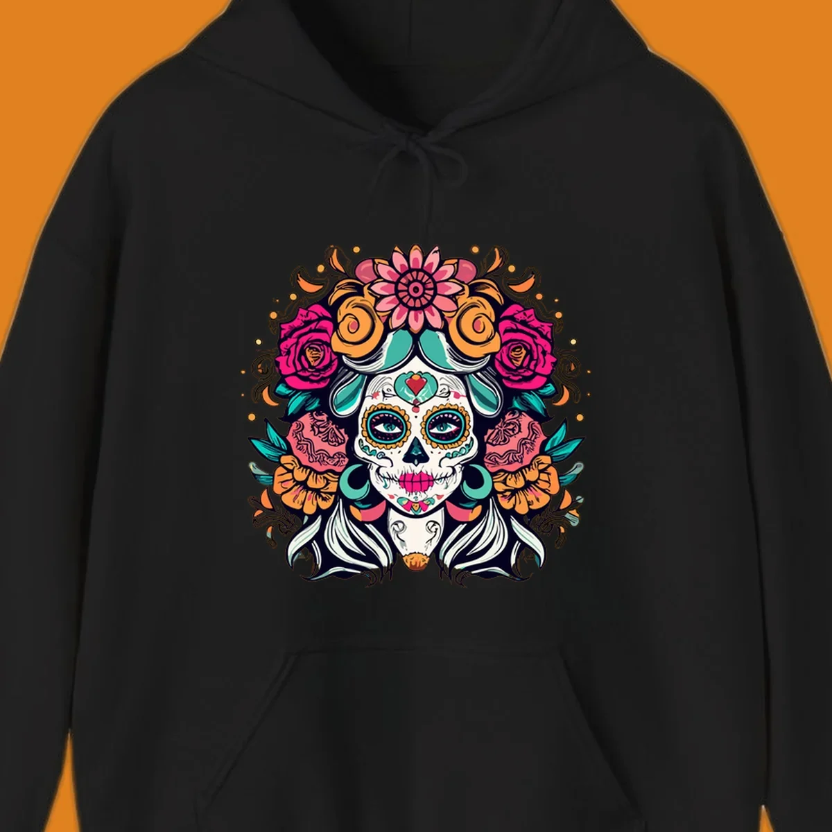 A vibrantly colored floral calavera sugar skull illustration with a crown of pink roses and orange marigolds.
