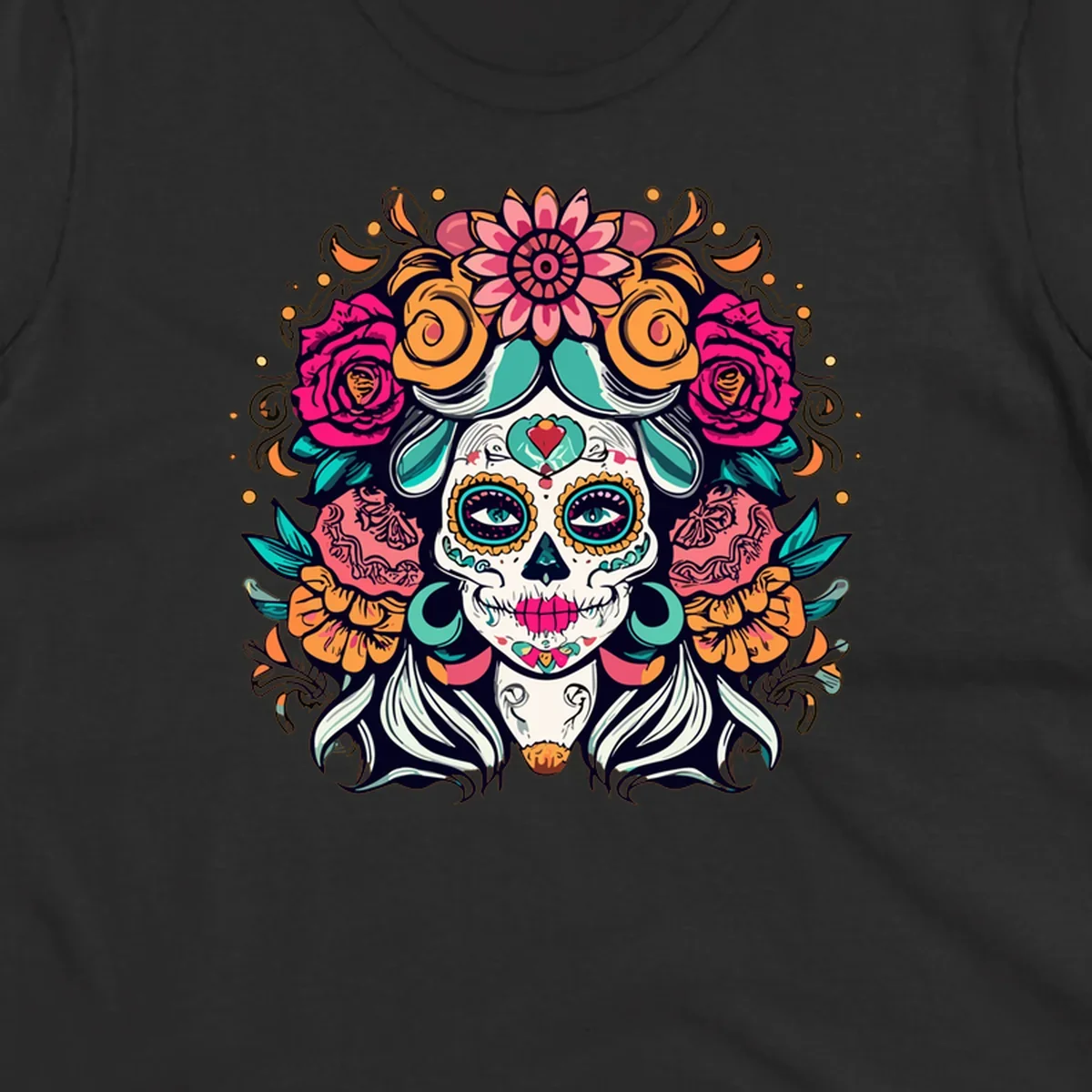 A vibrantly colored floral calavera sugar skull illustration with a crown of pink roses and orange marigolds.