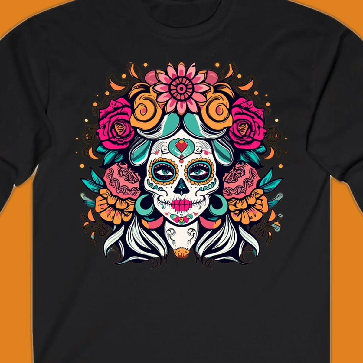A vibrantly colored floral calavera sugar skull illustration with a crown of pink roses and orange marigolds.