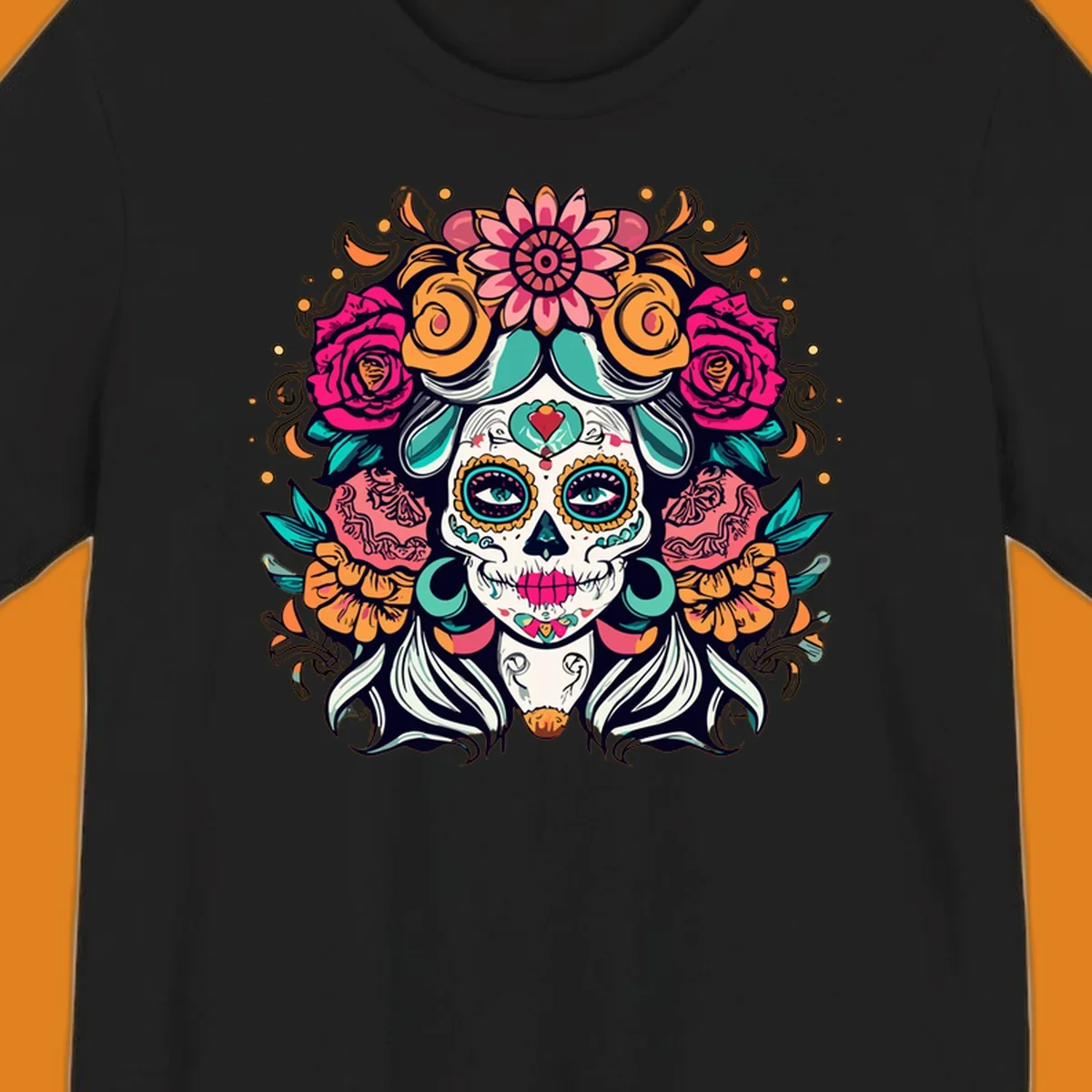 A vibrantly colored floral calavera sugar skull illustration with a crown of pink roses and orange marigolds.