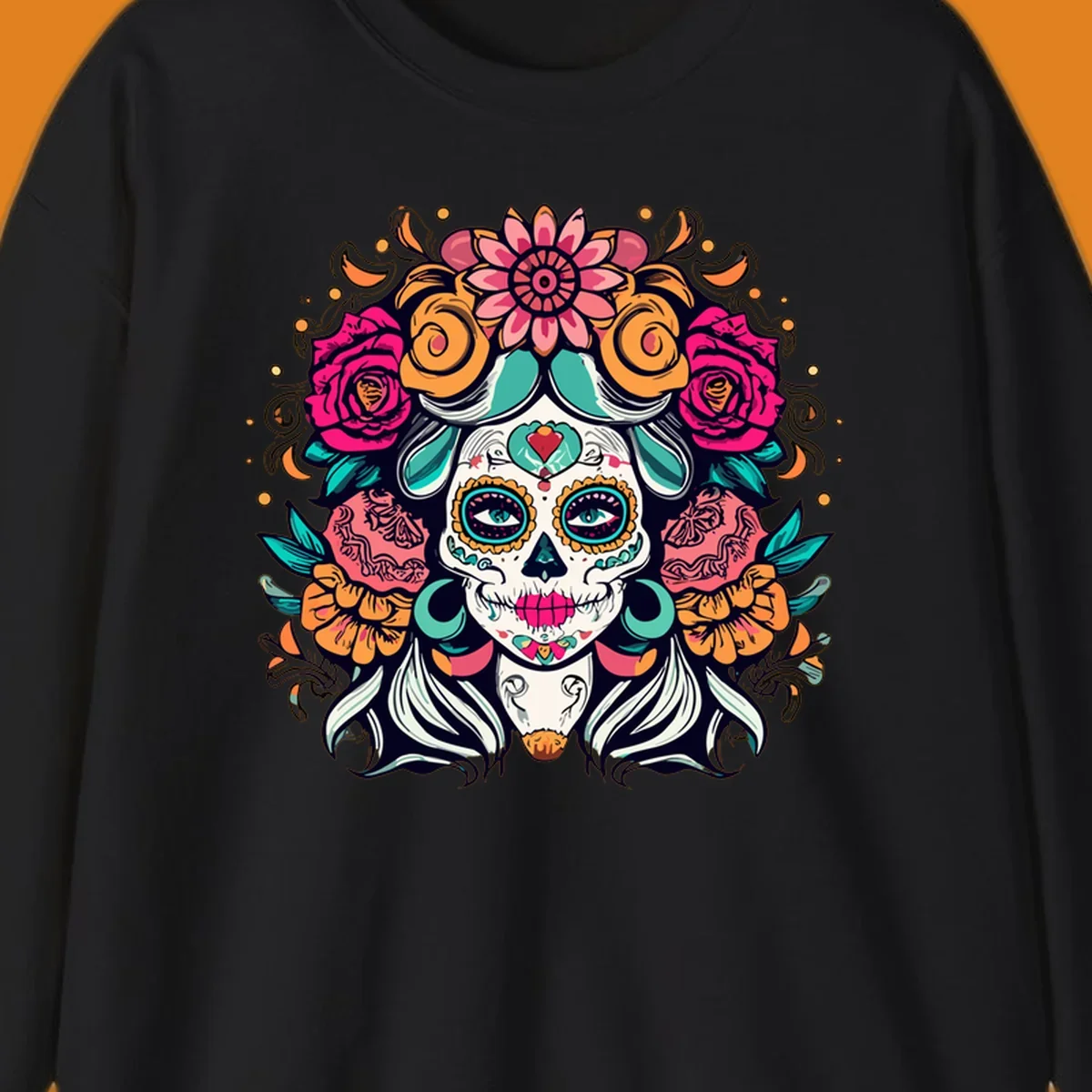 A vibrantly colored floral calavera sugar skull illustration with a crown of pink roses and orange marigolds.