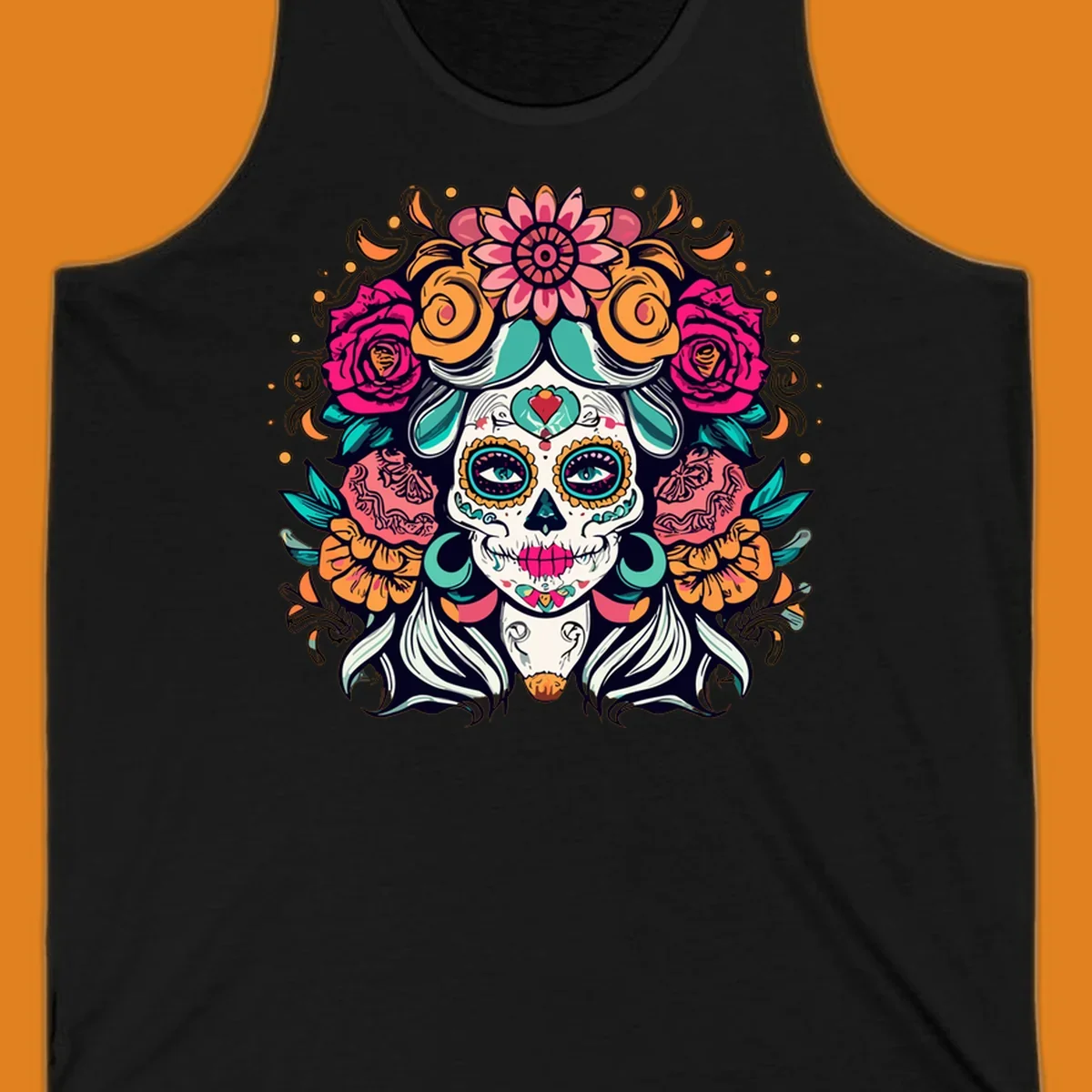A vibrantly colored floral calavera sugar skull illustration with a crown of pink roses and orange marigolds.