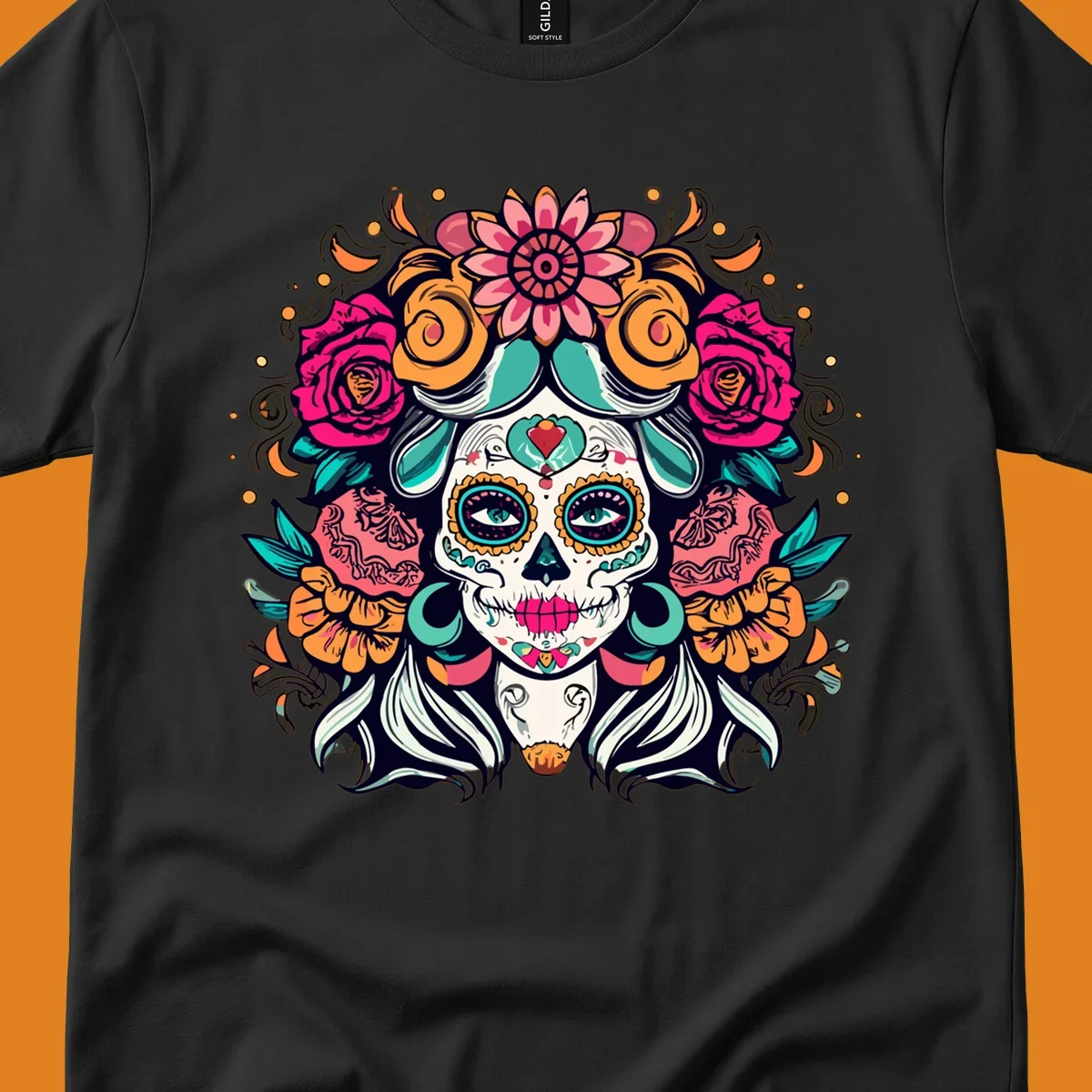 A vibrantly colored floral calavera sugar skull illustration with a crown of pink roses and orange marigolds.