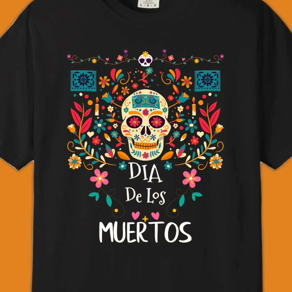 A vibrant Día de los Muertos sugar skull illustration with colorful flowers and leaves, and 'DIA De Los MUERTOS' text.