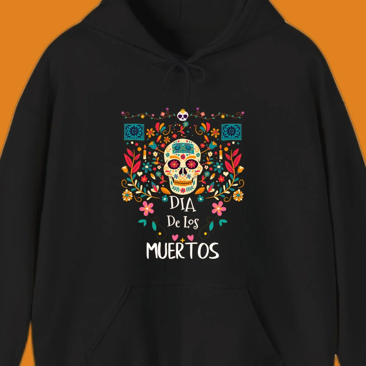 A vibrant Día de los Muertos sugar skull illustration with colorful flowers and leaves, and 'DIA De Los MUERTOS' text.