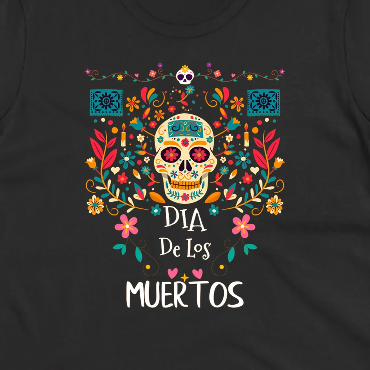 A vibrant Día de los Muertos sugar skull illustration with colorful flowers and leaves, and 'DIA De Los MUERTOS' text.