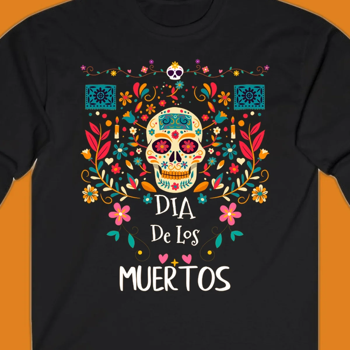 A vibrant Día de los Muertos sugar skull illustration with colorful flowers and leaves, and 'DIA De Los MUERTOS' text.