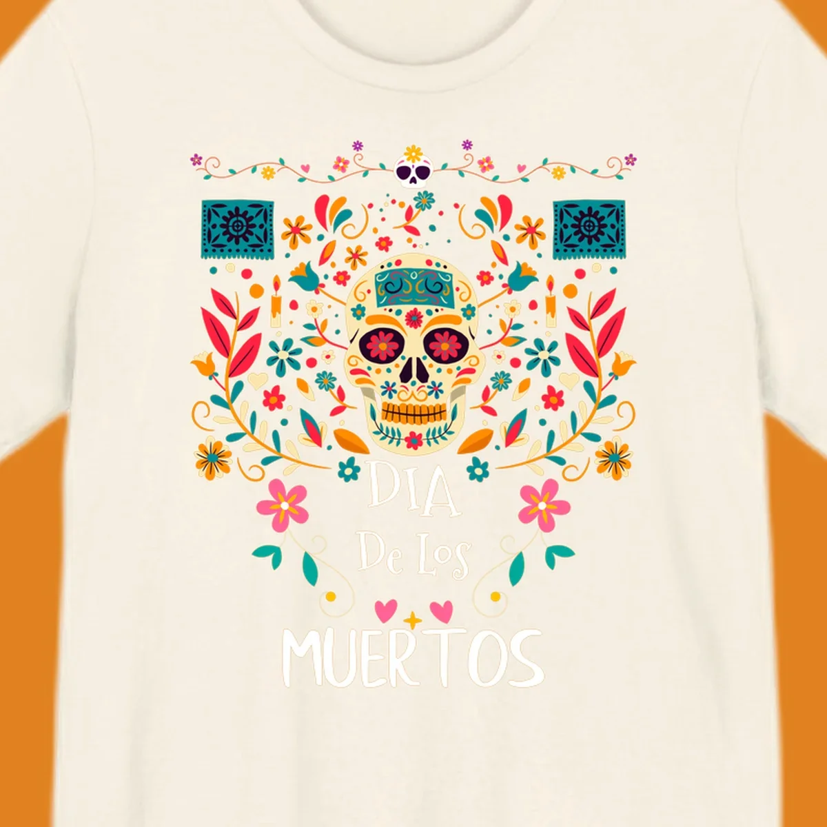 A vibrant Día de los Muertos sugar skull illustration with colorful flowers and leaves, and 'DIA De Los MUERTOS' text.