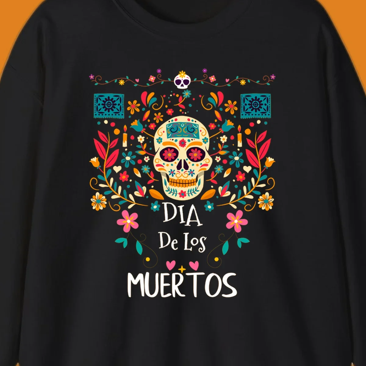 A vibrant Día de los Muertos sugar skull illustration with colorful flowers and leaves, and 'DIA De Los MUERTOS' text.