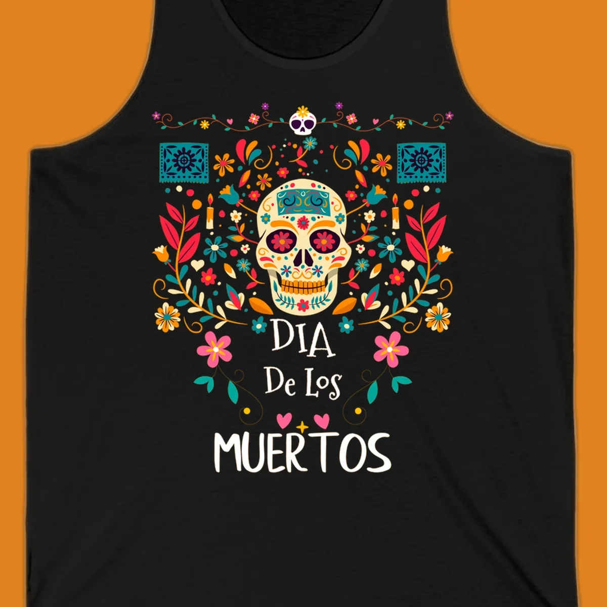 A vibrant Día de los Muertos sugar skull illustration with colorful flowers and leaves, and 'DIA De Los MUERTOS' text.