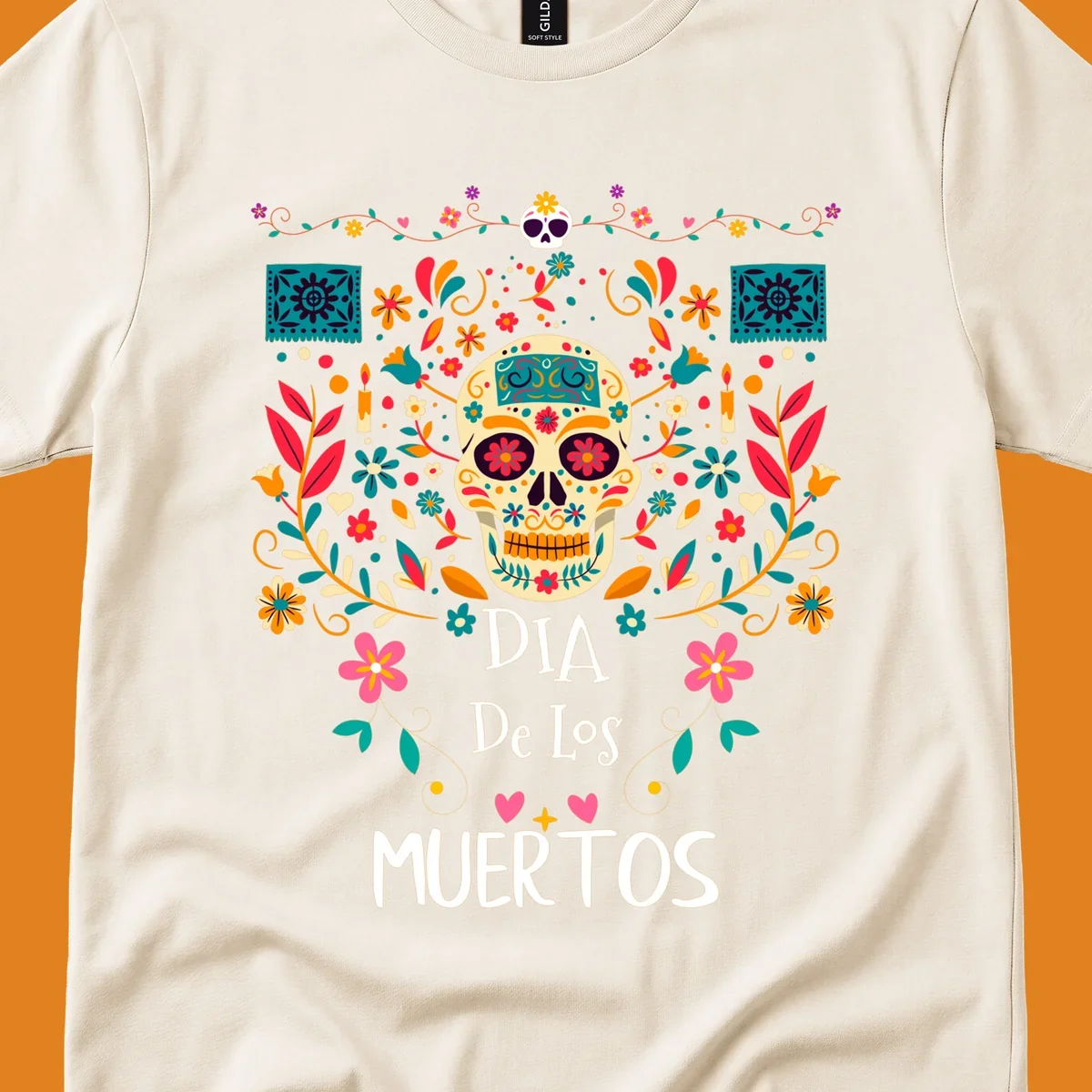 A vibrant Día de los Muertos sugar skull illustration with colorful flowers and leaves, and 'DIA De Los MUERTOS' text.