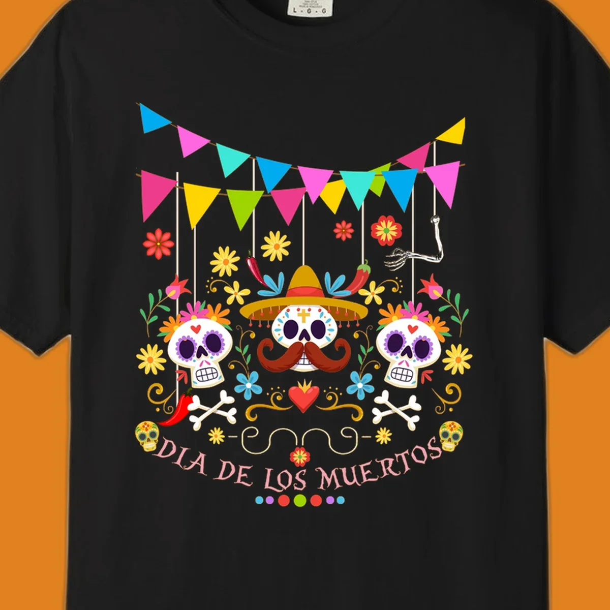 Vibrant Día de los Muertos sugar skulls design with a sombrero, flowers, bones, and 'DIA DE LOS MUERTOS' text.
