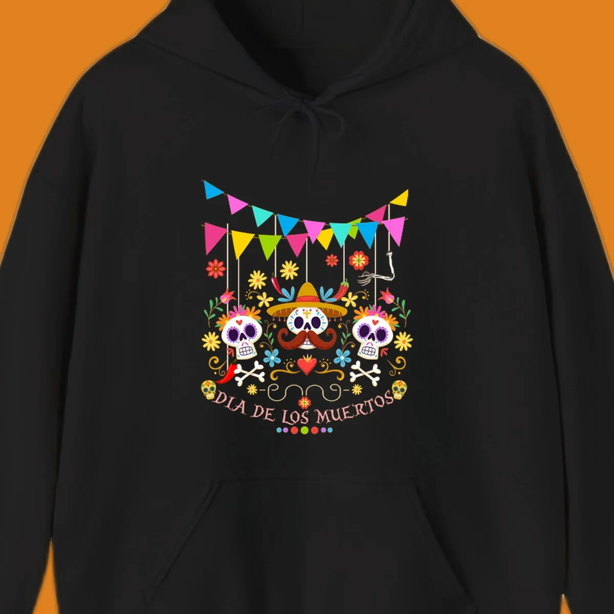Vibrant Día de los Muertos sugar skulls design with a sombrero, flowers, bones, and 'DIA DE LOS MUERTOS' text.