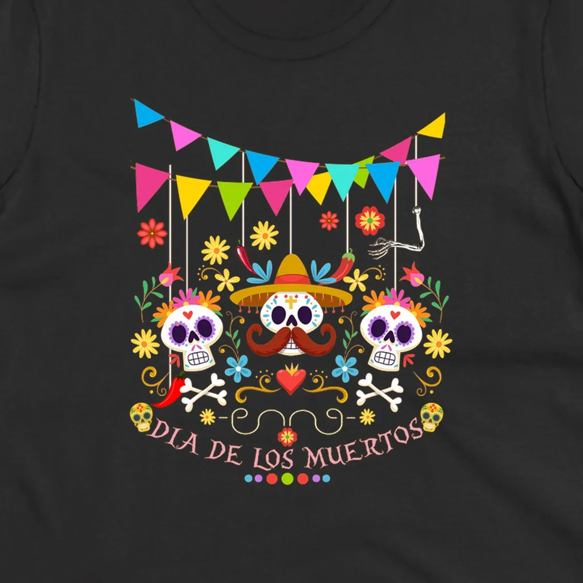 Vibrant Día de los Muertos sugar skulls design with a sombrero, flowers, bones, and 'DIA DE LOS MUERTOS' text.