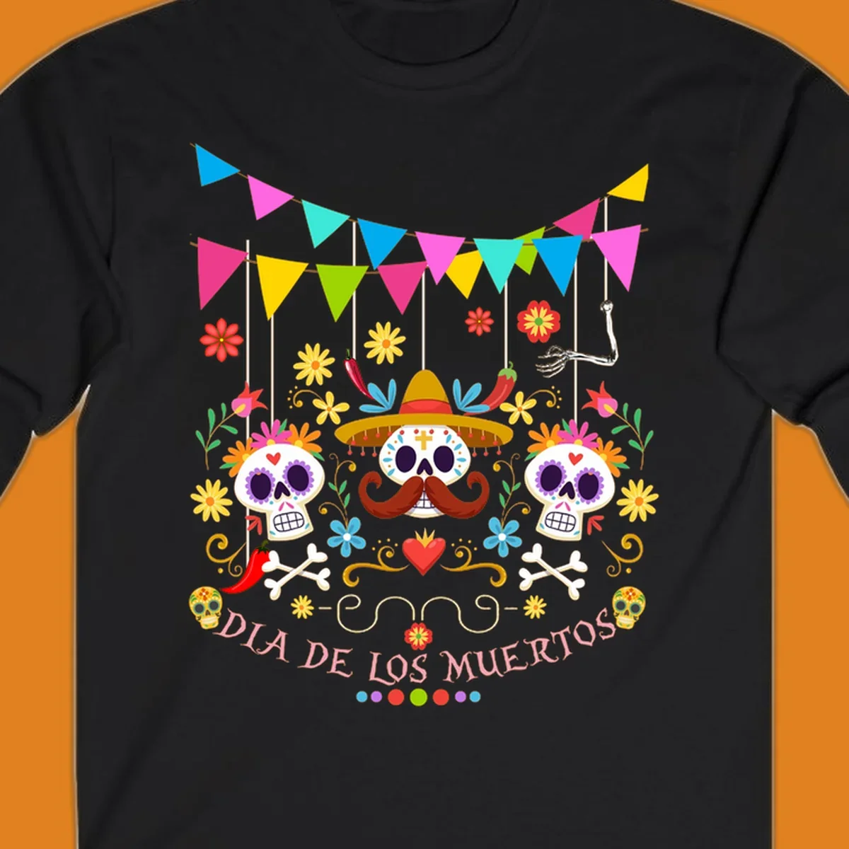 Vibrant Día de los Muertos sugar skulls design with a sombrero, flowers, bones, and 'DIA DE LOS MUERTOS' text.
