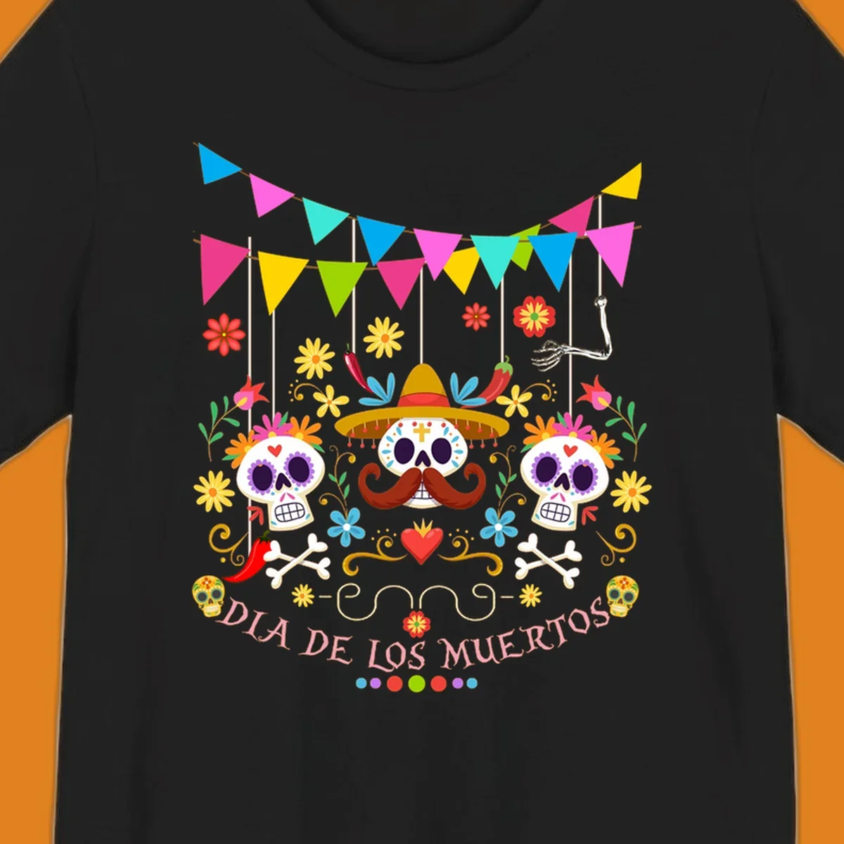 Vibrant Día de los Muertos sugar skulls design with a sombrero, flowers, bones, and 'DIA DE LOS MUERTOS' text.