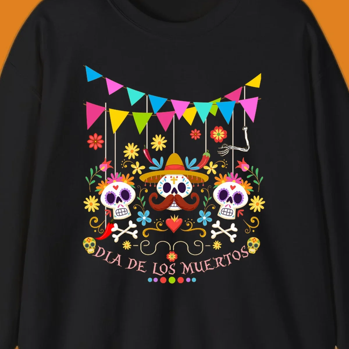 Vibrant Día de los Muertos sugar skulls design with a sombrero, flowers, bones, and 'DIA DE LOS MUERTOS' text.