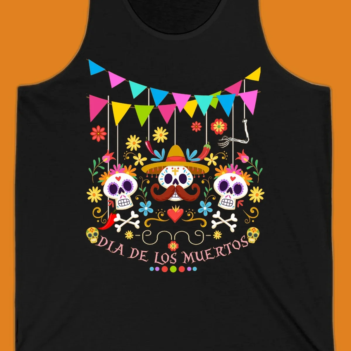 Vibrant Día de los Muertos sugar skulls design with a sombrero, flowers, bones, and 'DIA DE LOS MUERTOS' text.
