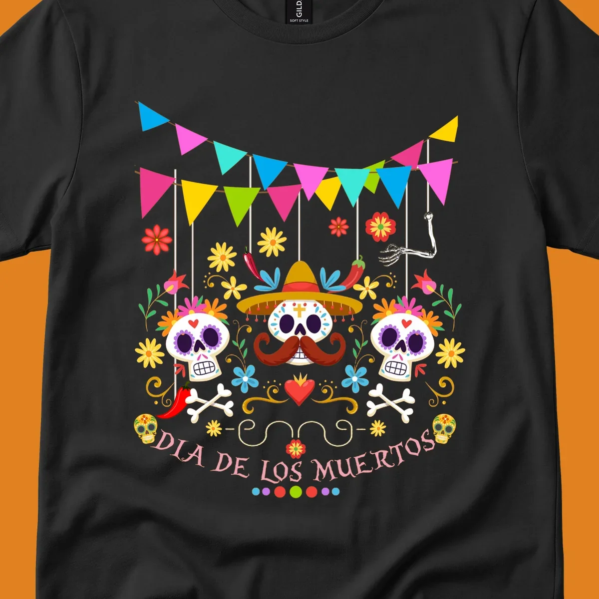 Vibrant Día de los Muertos sugar skulls design with a sombrero, flowers, bones, and 'DIA DE LOS MUERTOS' text.