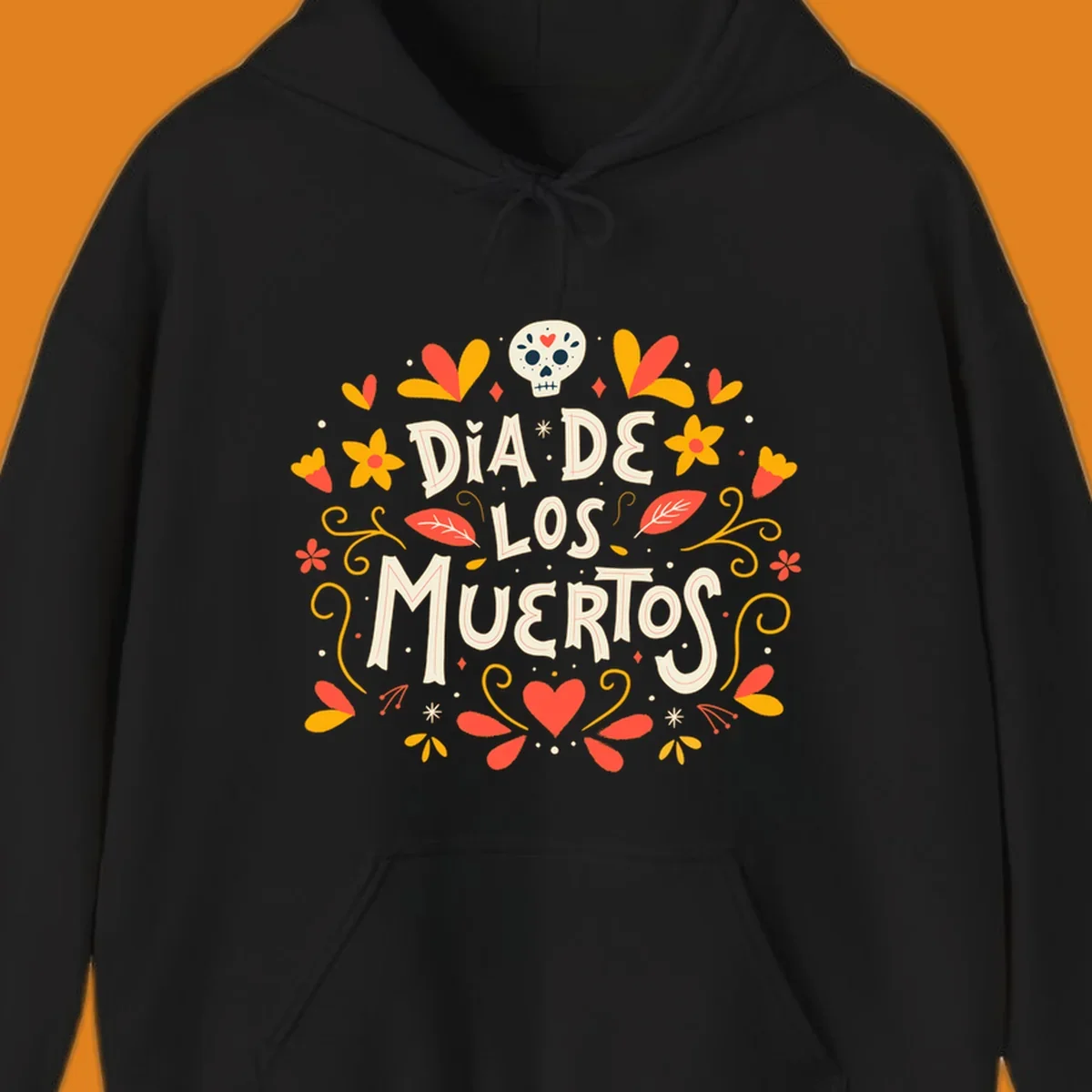 Decorative 'DIA DE LOS MUERTOS' text encircled by a vibrant dia-de-los-muertos-skull-wreath of flowers, leaves, and a sugar skull.
