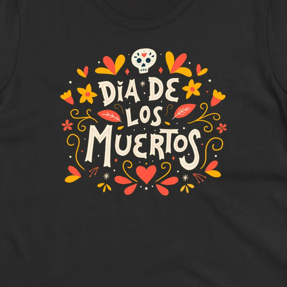 Decorative 'DIA DE LOS MUERTOS' text encircled by a vibrant dia-de-los-muertos-skull-wreath of flowers, leaves, and a sugar skull.