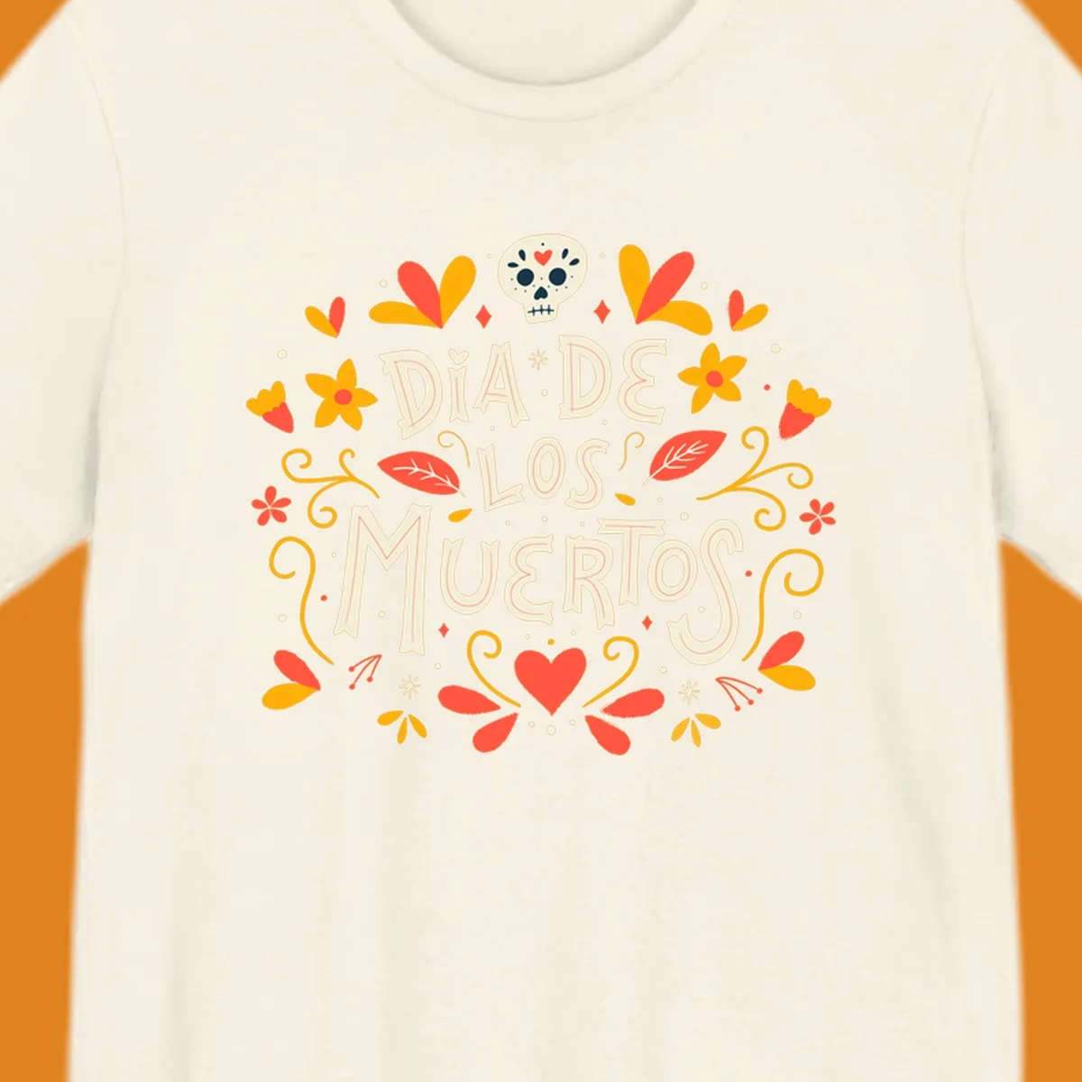 Decorative 'DIA DE LOS MUERTOS' text encircled by a vibrant dia-de-los-muertos-skull-wreath of flowers, leaves, and a sugar skull.