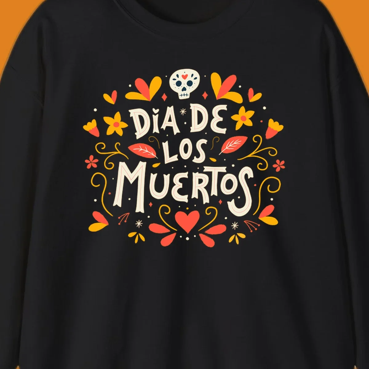 Decorative 'DIA DE LOS MUERTOS' text encircled by a vibrant dia-de-los-muertos-skull-wreath of flowers, leaves, and a sugar skull.