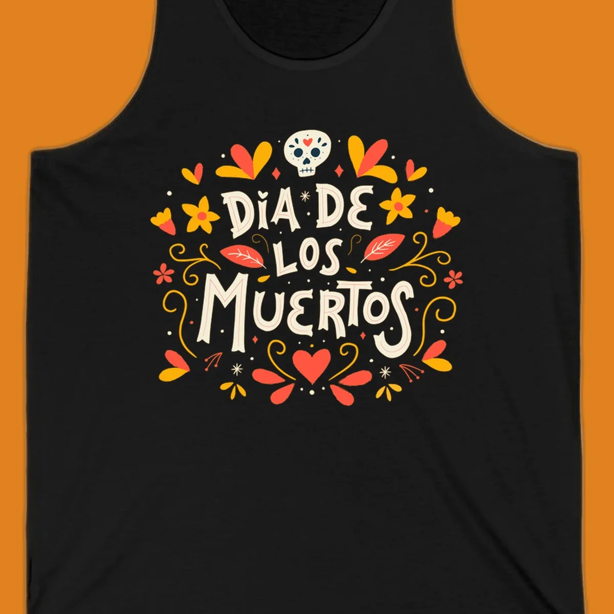 Decorative 'DIA DE LOS MUERTOS' text encircled by a vibrant dia-de-los-muertos-skull-wreath of flowers, leaves, and a sugar skull.