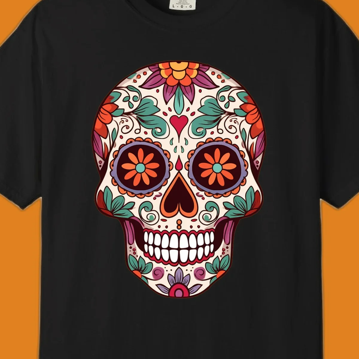 Vibrant floral sugar skull illustration with orange, teal, purple, and red flowers and swirls on a cream background.