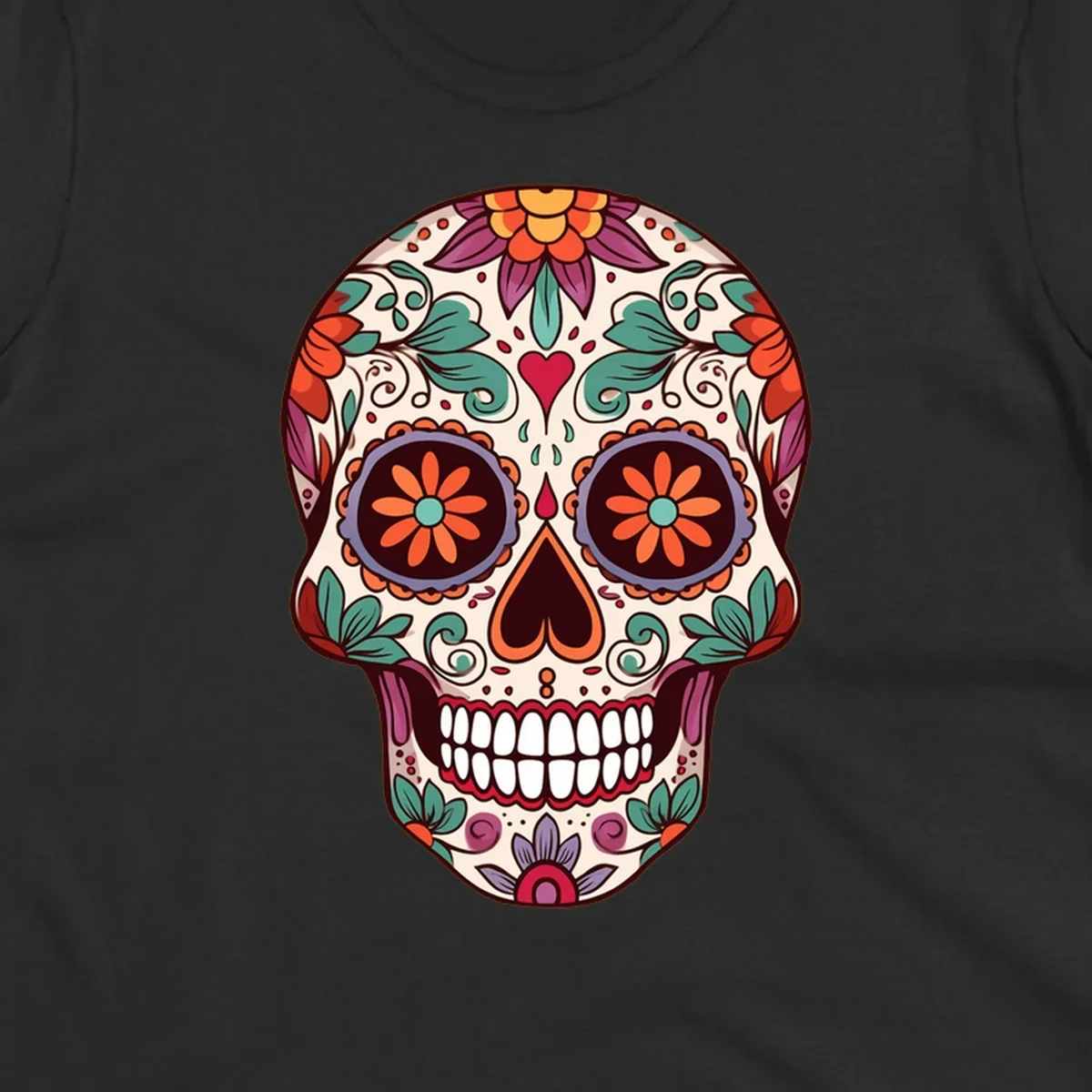 Vibrant floral sugar skull illustration with orange, teal, purple, and red flowers and swirls on a cream background.