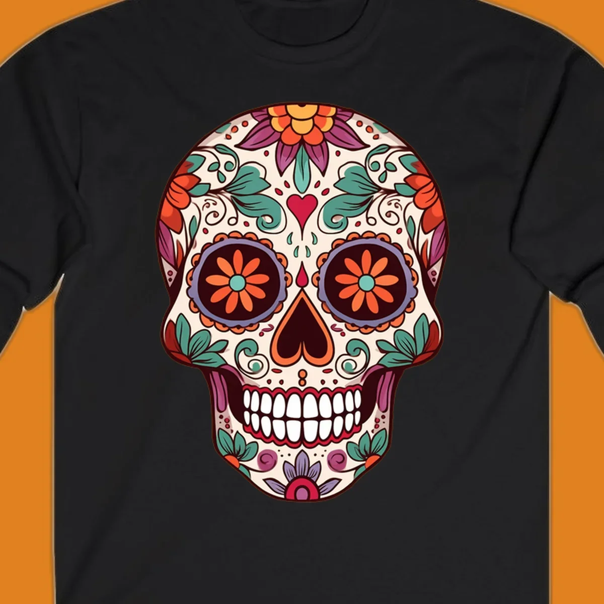 Vibrant floral sugar skull illustration with orange, teal, purple, and red flowers and swirls on a cream background.