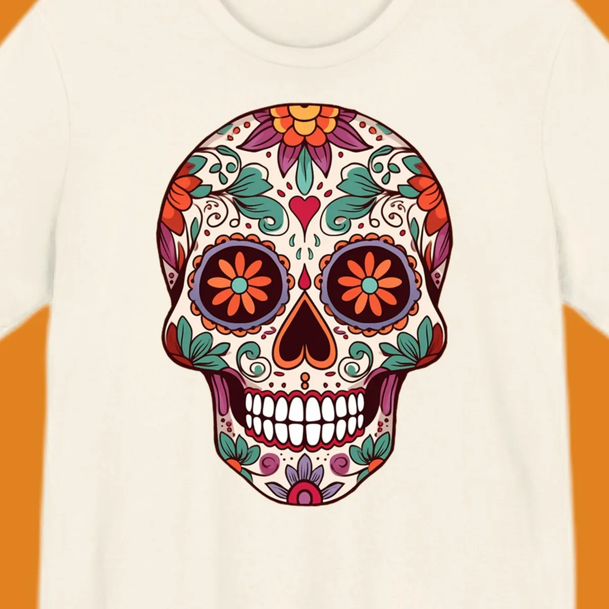 Vibrant floral sugar skull illustration with orange, teal, purple, and red flowers and swirls on a cream background.