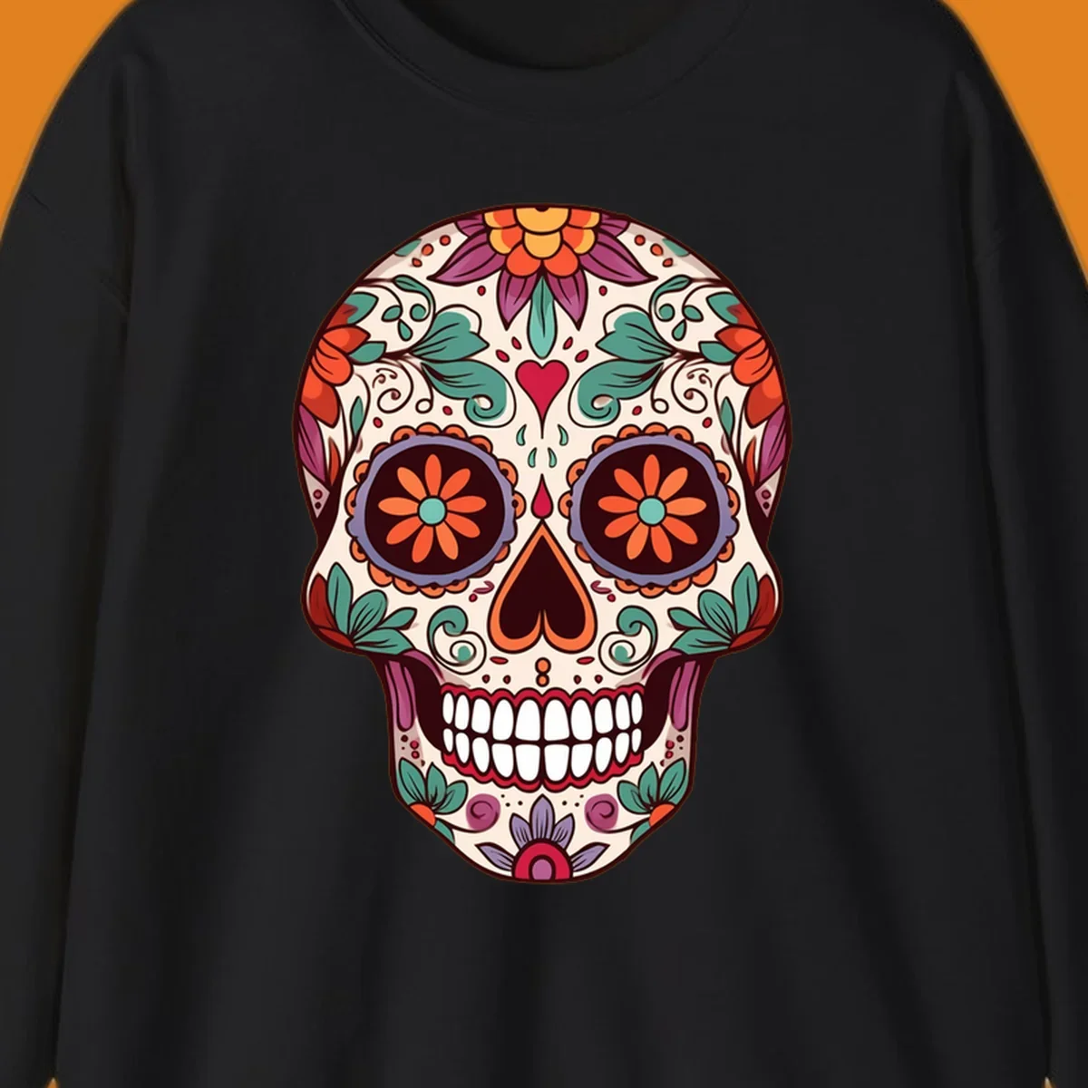 Vibrant floral sugar skull illustration with orange, teal, purple, and red flowers and swirls on a cream background.