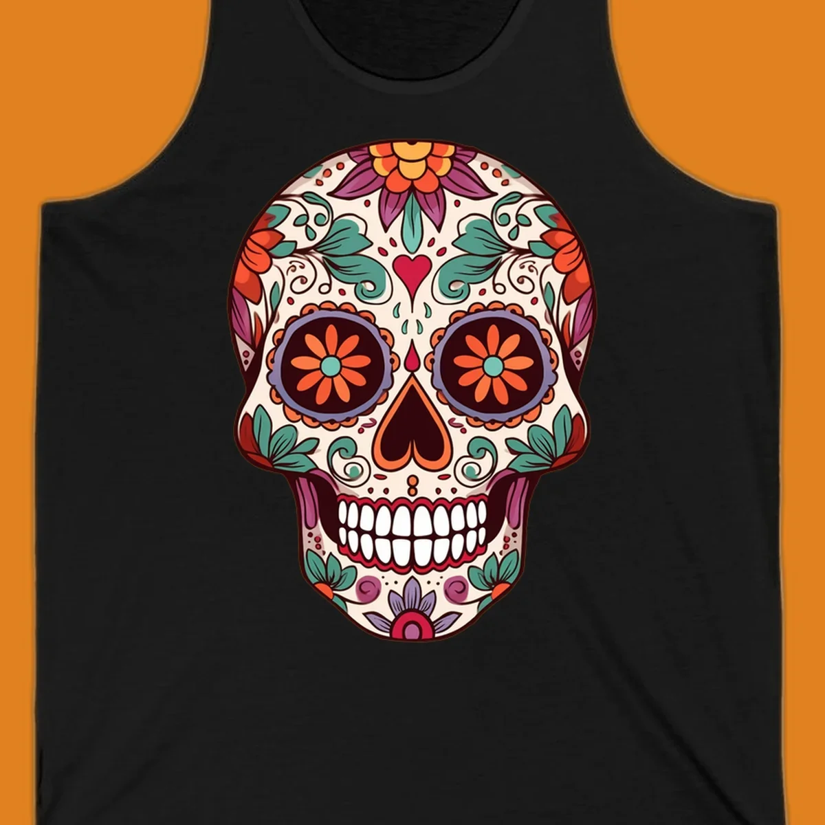 Vibrant floral sugar skull illustration with orange, teal, purple, and red flowers and swirls on a cream background.