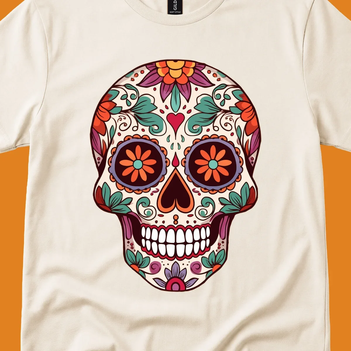 Vibrant floral sugar skull illustration with orange, teal, purple, and red flowers and swirls on a cream background.
