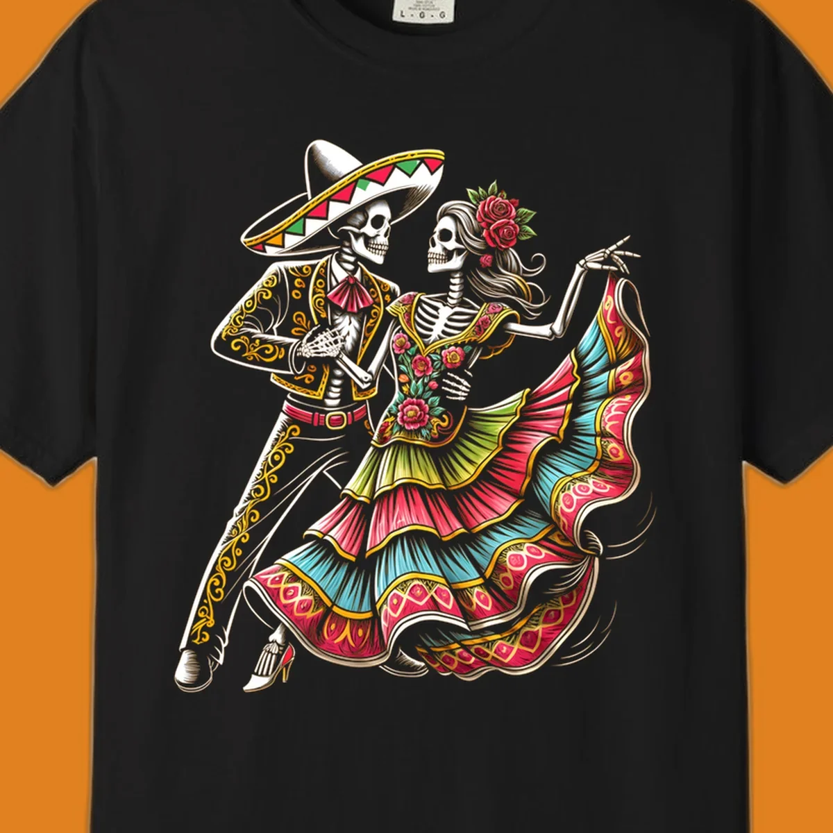 An illustration of a male and female skeleton couple dancing, dressed in elaborate traditional Mexican attire, central to the calavera-couple-dancing concept.