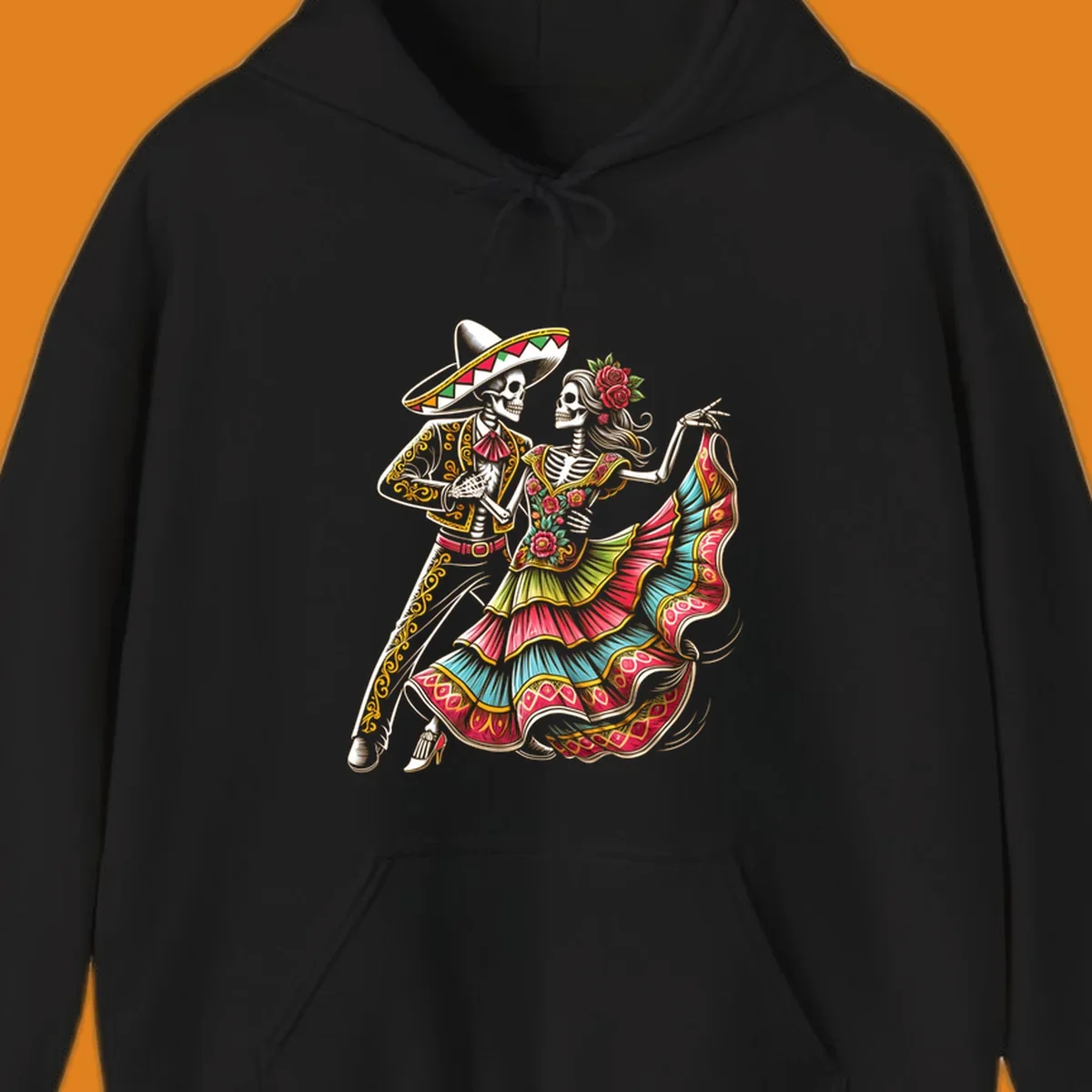 An illustration of a male and female skeleton couple dancing, dressed in elaborate traditional Mexican attire, central to the calavera-couple-dancing concept.