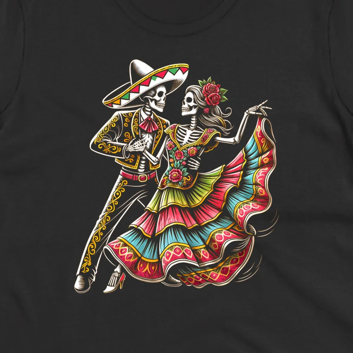 An illustration of a male and female skeleton couple dancing, dressed in elaborate traditional Mexican attire, central to the calavera-couple-dancing concept.