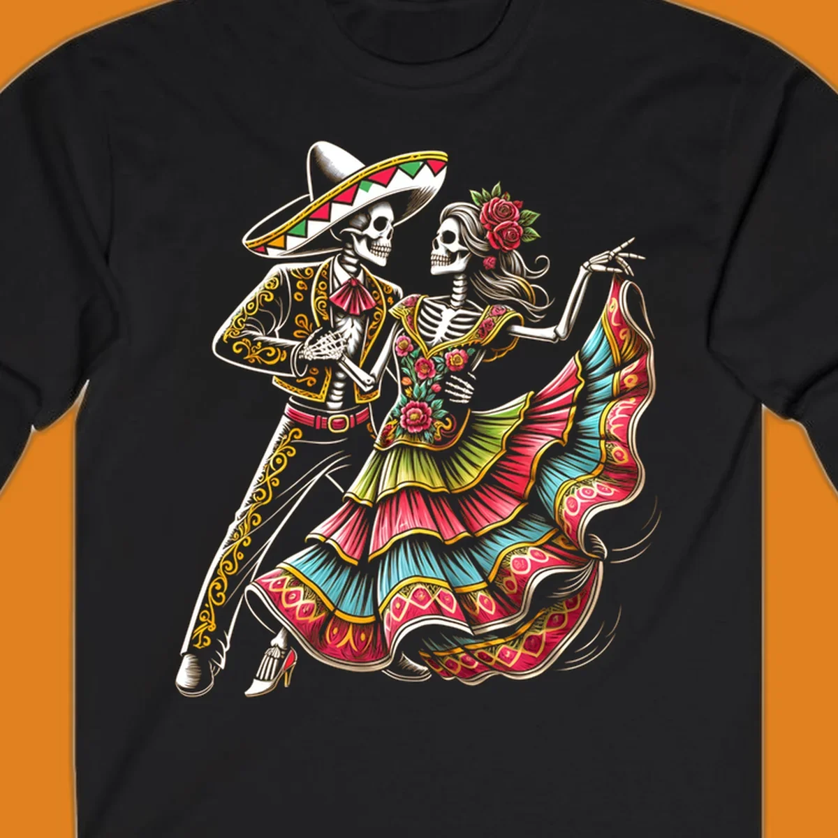 An illustration of a male and female skeleton couple dancing, dressed in elaborate traditional Mexican attire, central to the calavera-couple-dancing concept.