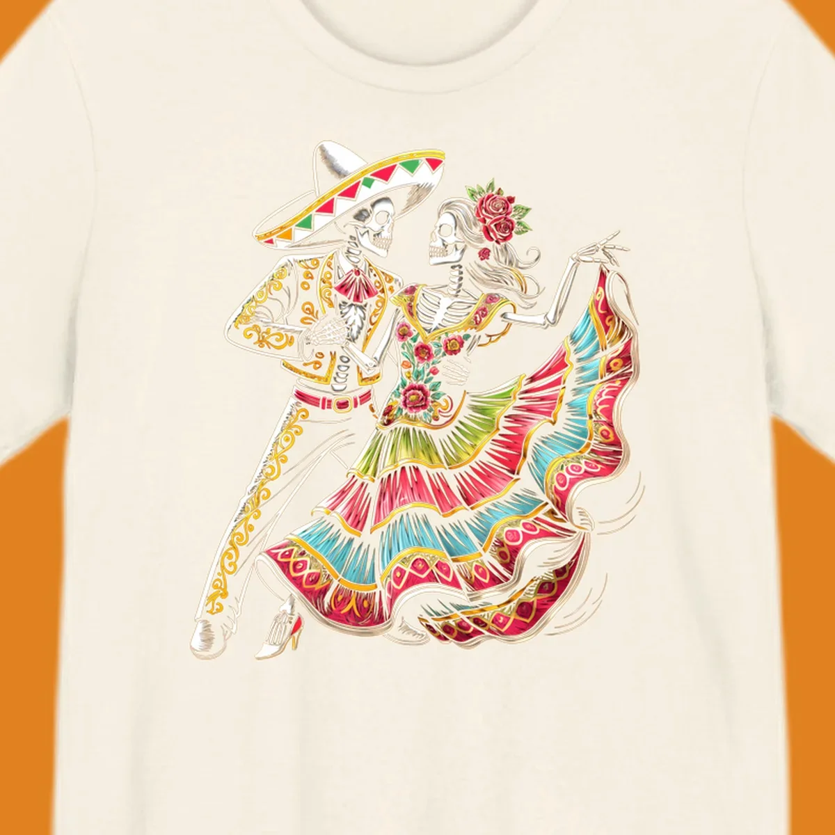 An illustration of a male and female skeleton couple dancing, dressed in elaborate traditional Mexican attire, central to the calavera-couple-dancing concept.
