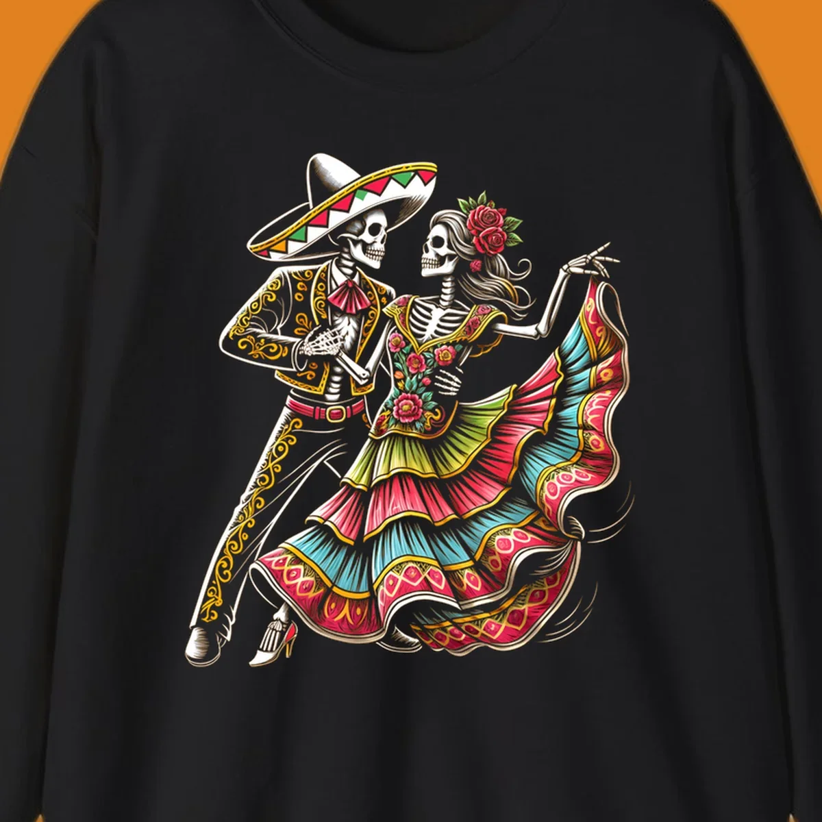 An illustration of a male and female skeleton couple dancing, dressed in elaborate traditional Mexican attire, central to the calavera-couple-dancing concept.