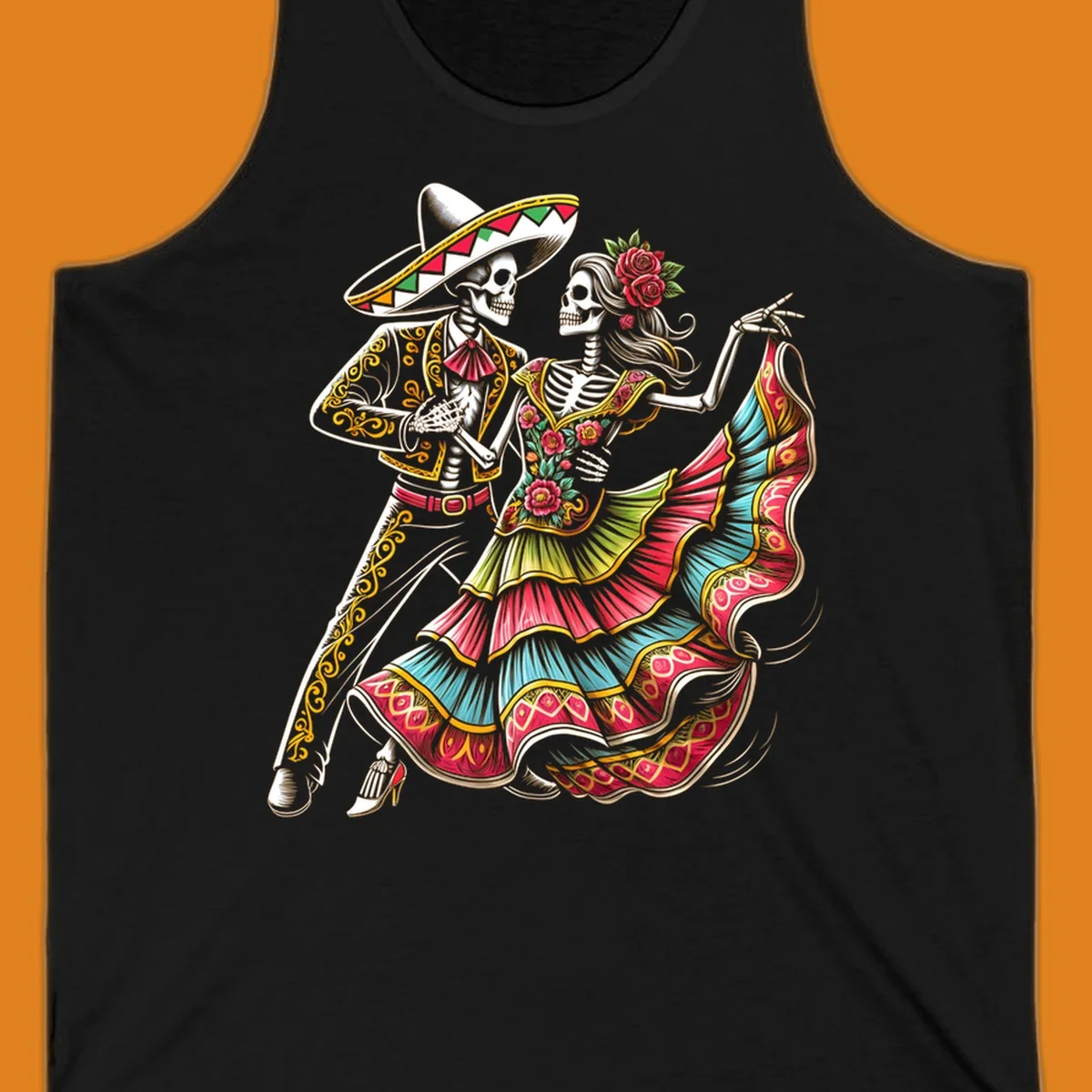 An illustration of a male and female skeleton couple dancing, dressed in elaborate traditional Mexican attire, central to the calavera-couple-dancing concept.