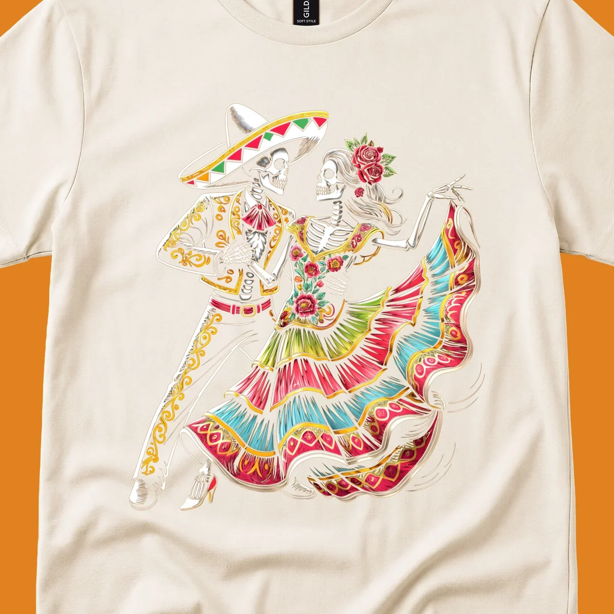 An illustration of a male and female skeleton couple dancing, dressed in elaborate traditional Mexican attire, central to the calavera-couple-dancing concept.