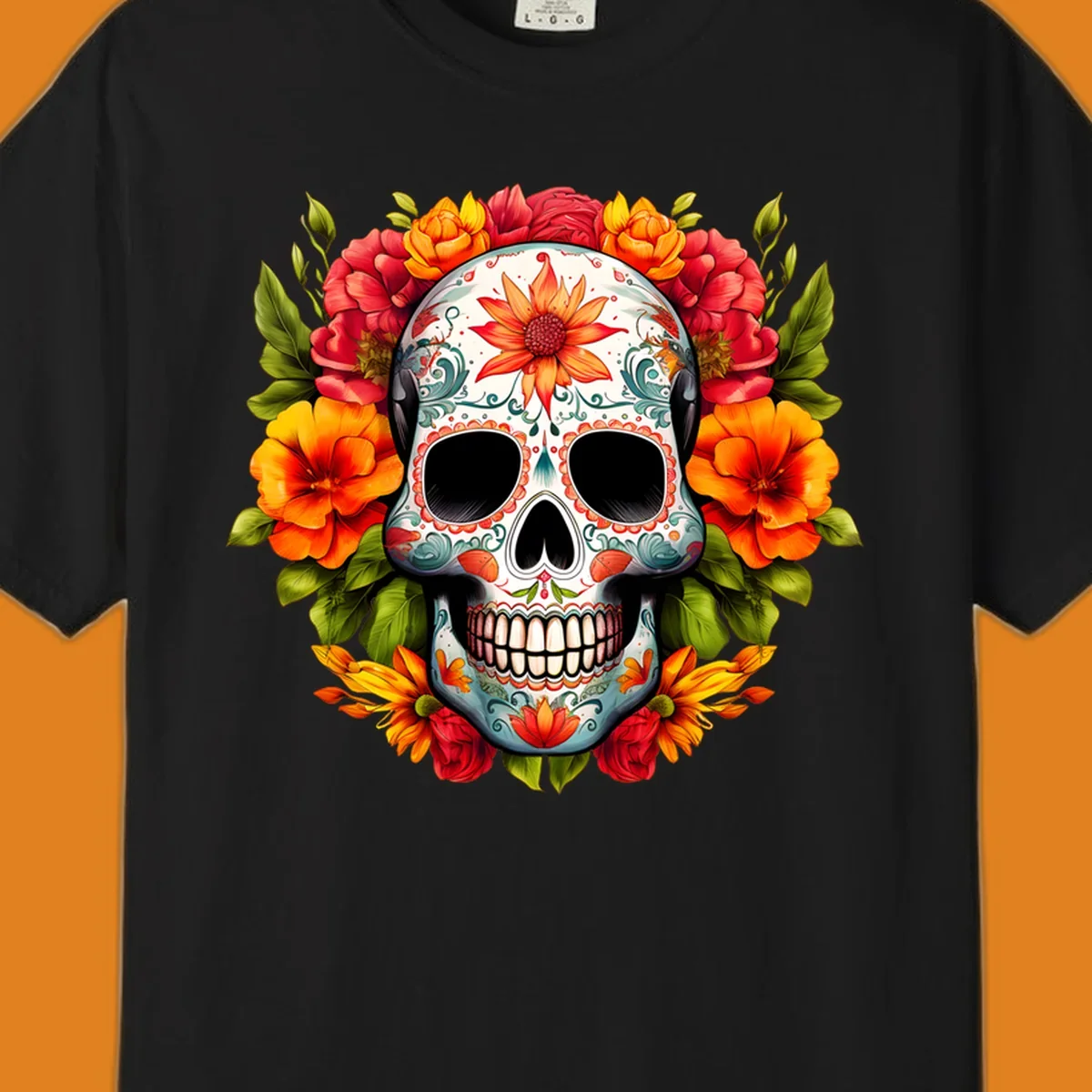 Vibrant floral calavera sugar skull design adorned with intricate patterns and a colorful wreath of red, orange, and yellow flowers.