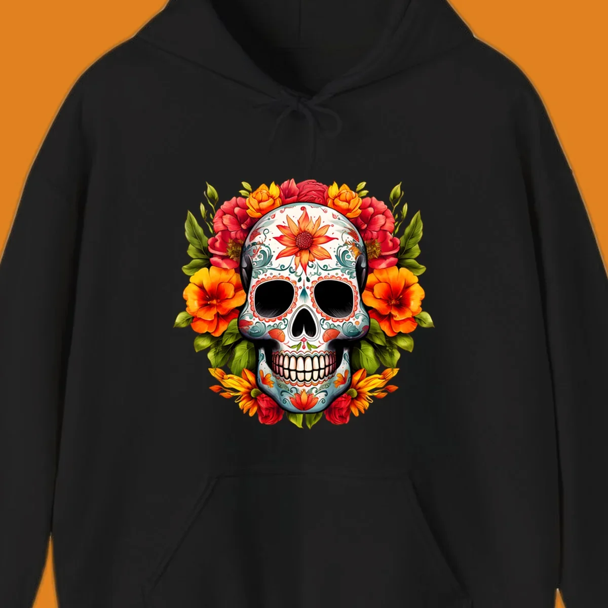 Vibrant floral calavera sugar skull design adorned with intricate patterns and a colorful wreath of red, orange, and yellow flowers.