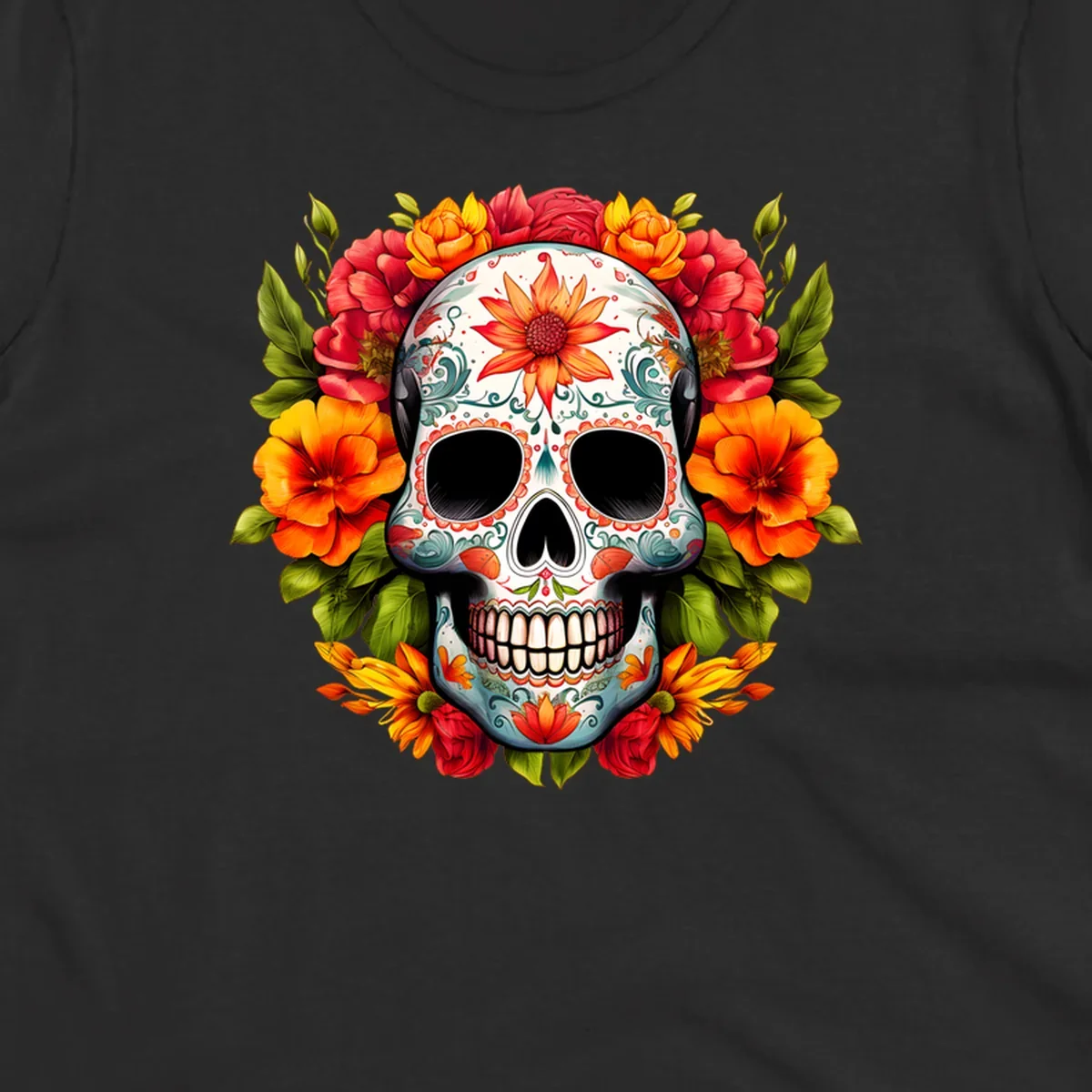 Vibrant floral calavera sugar skull design adorned with intricate patterns and a colorful wreath of red, orange, and yellow flowers.