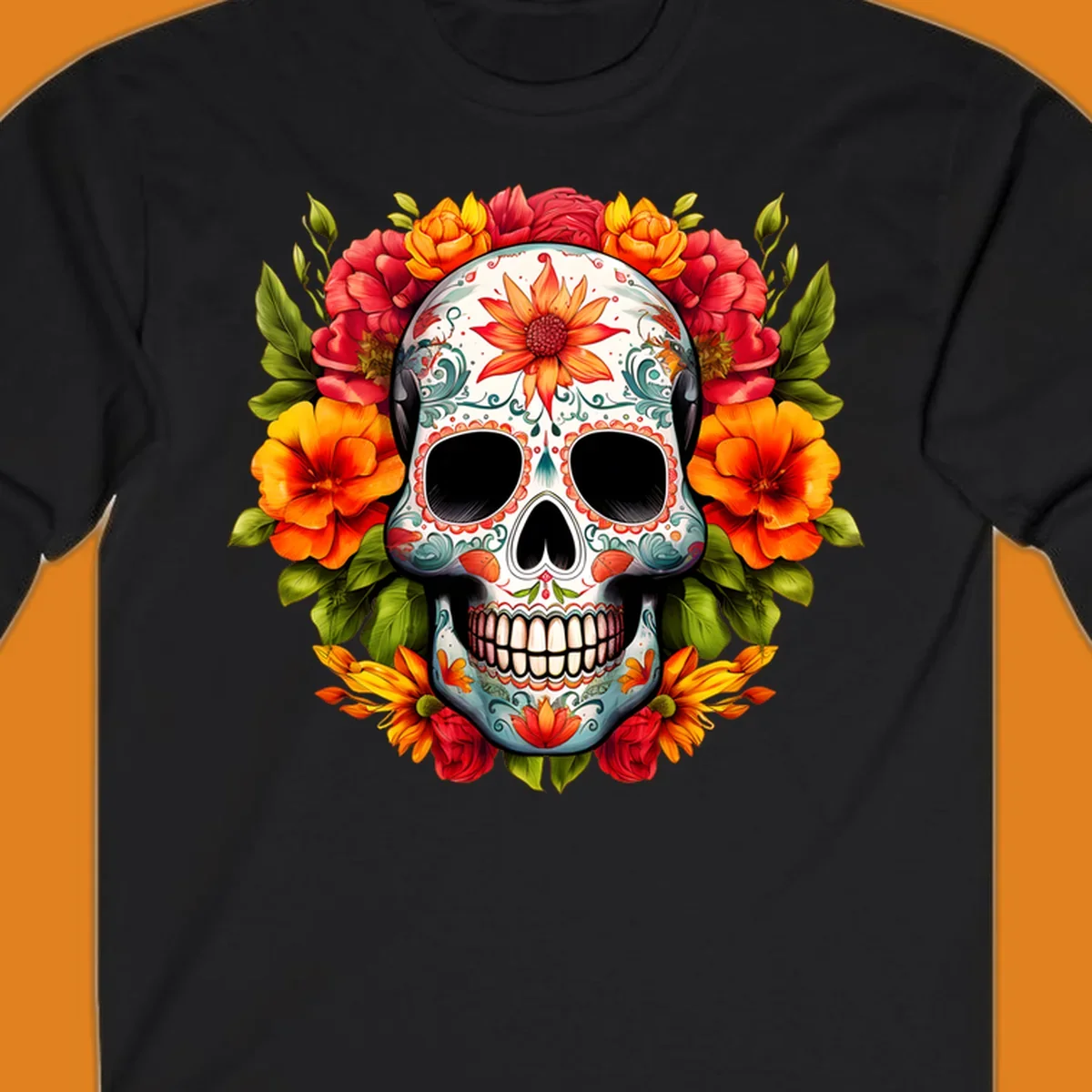 Vibrant floral calavera sugar skull design adorned with intricate patterns and a colorful wreath of red, orange, and yellow flowers.